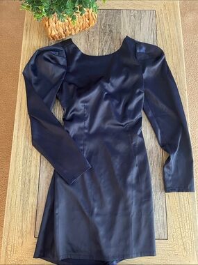 Lulu's Navy Satin Long-Sleeve Puff Shoulder Dress